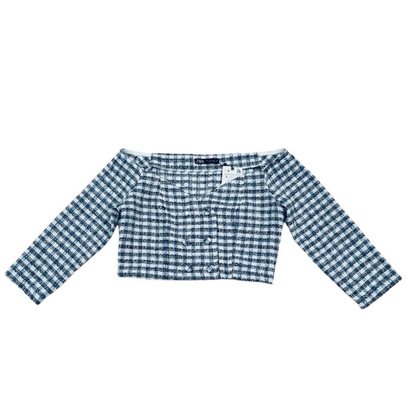 Zara Tops - ZARA Off The Shoulder Textured Checkered Crop Top 3/4 Sleeve NWT Size Large